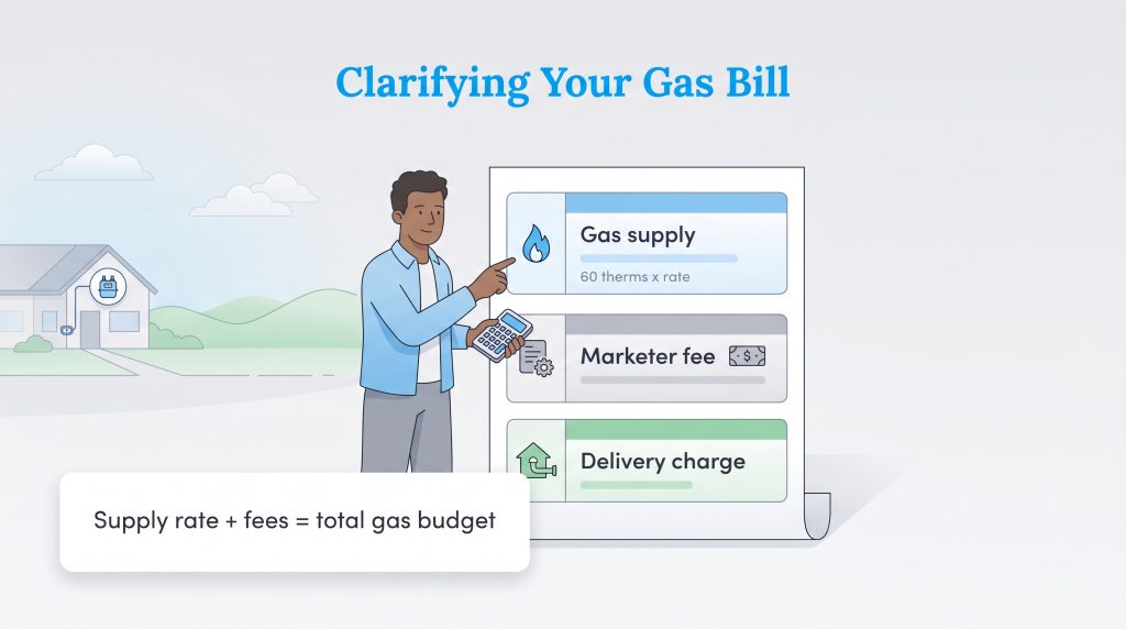 A man points to a gas bill breakdown showing Gas supply, Marketer fee, and Delivery charge, next to a formula that says Supply rate + fees = total gas budget.
