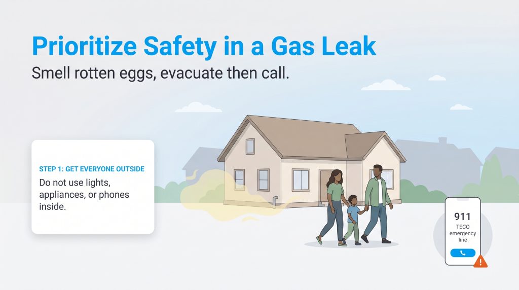 Infographic showing family evacuating a house due to a gas leak and calling 911 from outside.