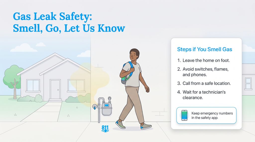 Illustration of a person leaving a house and a list of four safety steps to take if you smell gas.