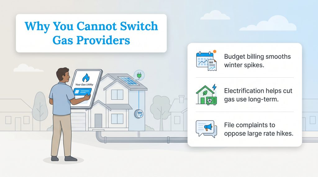 Infographic shows gas monopoly reasons and three alternatives to control costs.