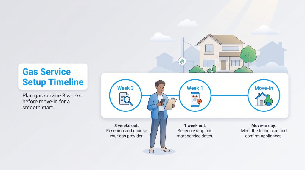 Infographic illustrating the gas service setup timeline, with steps for three weeks out, one week out, and move-in day.