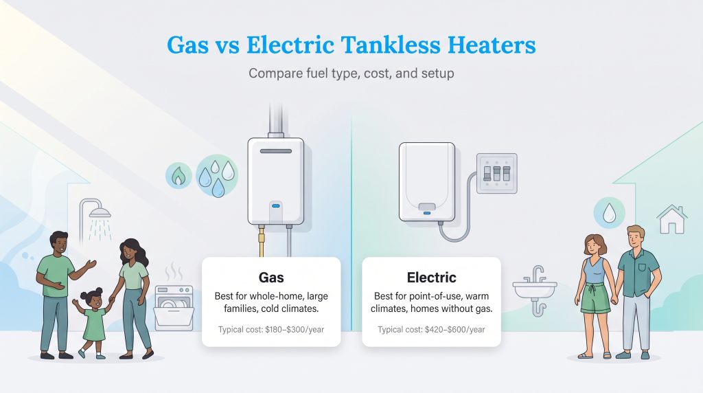 Infographic comparing gas and electric tankless water heaters by use case, annual cost, and setup.