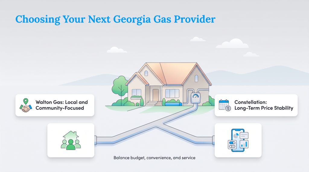 Diagram comparing Walton Gas (local focus) versus Constellation (price stability) for Georgia homes.