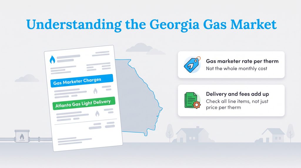 Infographic on Georgia's gas market showing bill split into marketer charges and delivery fees.