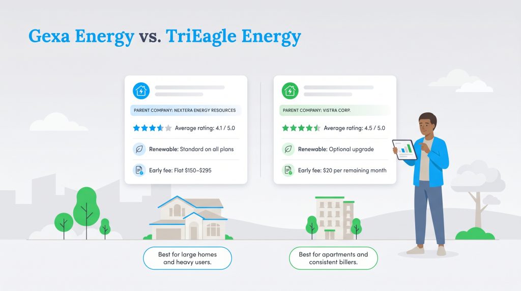 Infographic comparing Gexa Energy and TriEagle Energy ratings, renewable options, and fees.