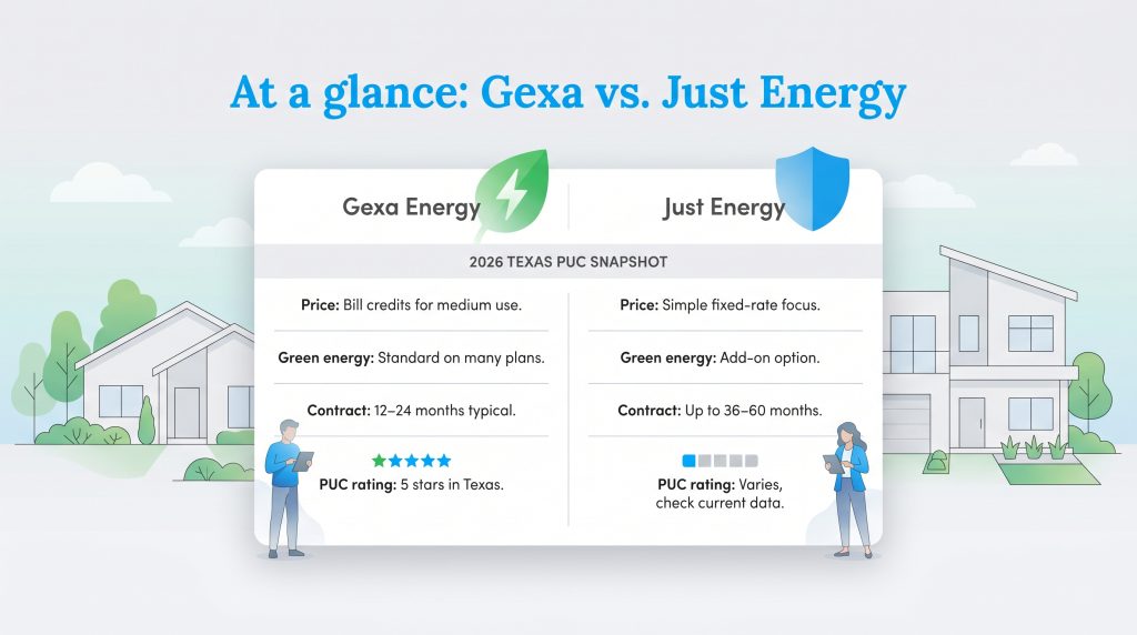 Comparison of Gexa Energy and Just Energy features, contracts, and 2026 Texas PUC ratings.