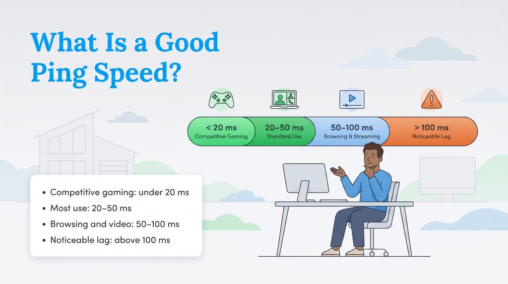 Infographic detailing acceptable ping ranges for activities like competitive gaming and standard use.