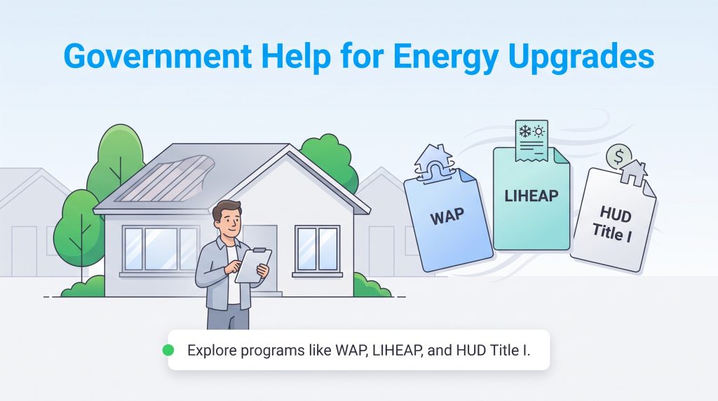 Illustration of a homeowner exploring government energy programs: WAP, LIHEAP, and HUD Title I.