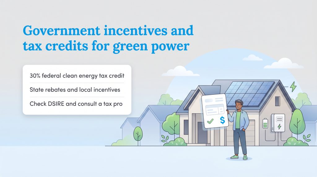 Person with tax form by solar home, listing government green power incentives and tax credits.