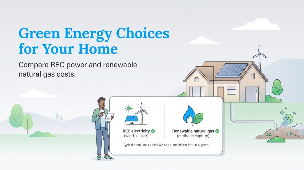 Infographic comparing REC electricity versus renewable natural gas cost premiums for homes.