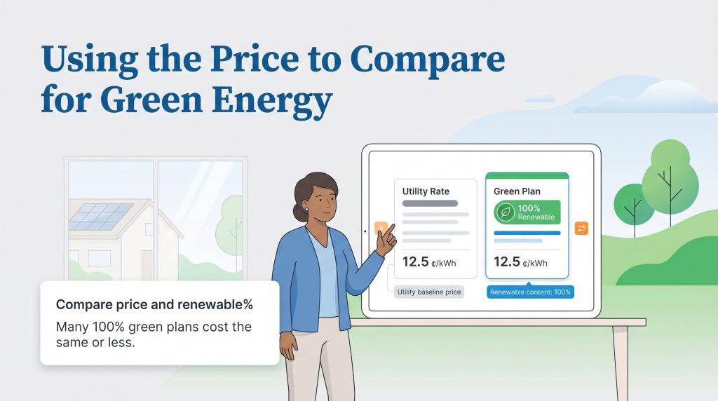 Woman points to tablet comparing a 100% green plan to a utility rate, showing they cost the same.