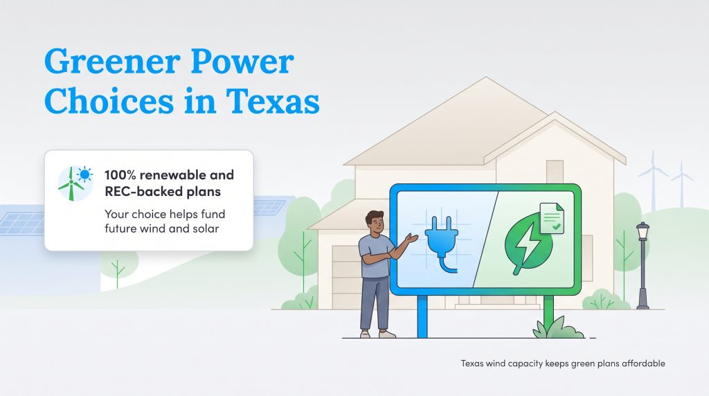 Illustration of a man pointing to a billboard for 100% renewable and REC-backed power plans in front of a solar-paneled house.