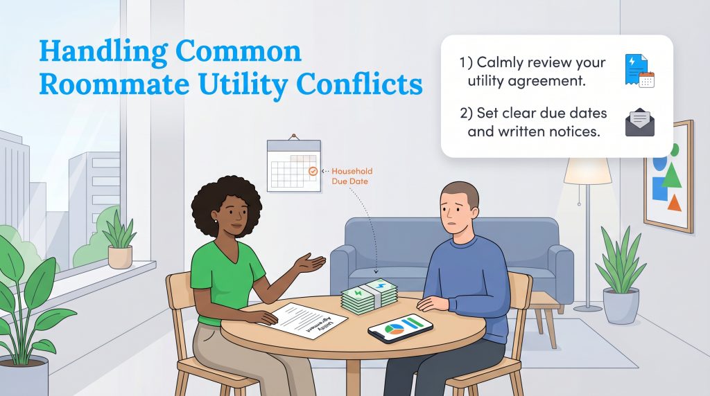 Two roommates discuss utility bills and an agreement at a table. A calendar marks a due date.