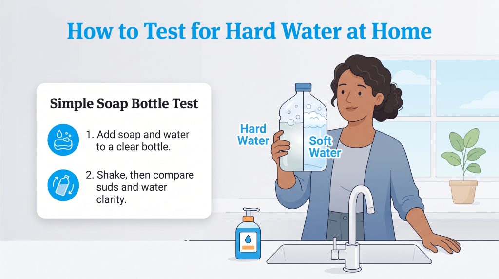 An illustration showing a person performing the Simple Soap Bottle Test to test for hard water, with steps and visual examples of hard versus soft water.