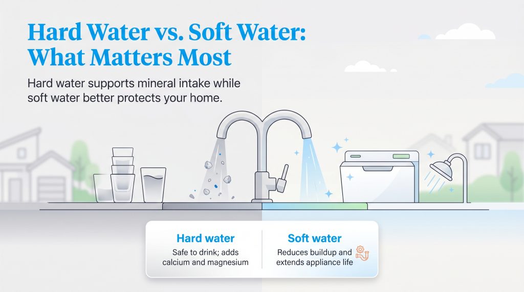 Infographic comparing hard water's mineral benefits with soft water's home protection benefits.