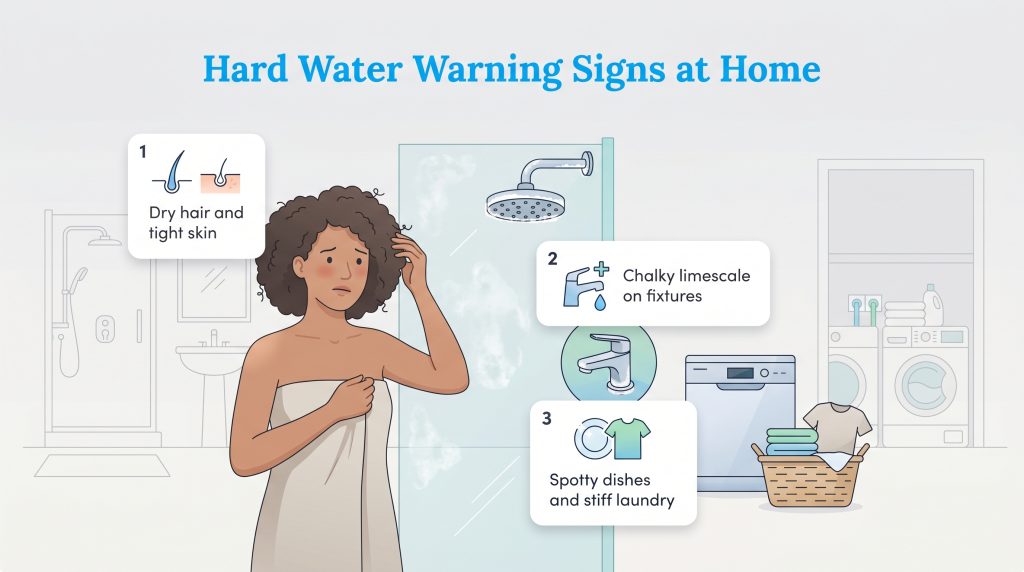 Illustration showing hard water signs like dry hair, limescale buildup, and spotty dishes.