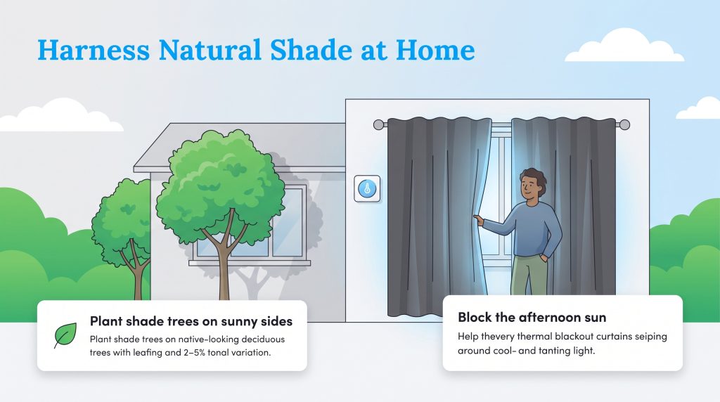 Illustration showing how to harness natural shade with trees and blackout curtains to cool a home.
