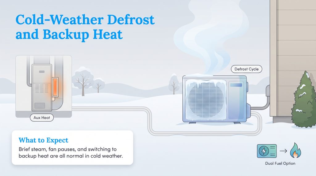 Diagram showing a heat pump's outdoor unit defrosting and its indoor unit using auxiliary heat.