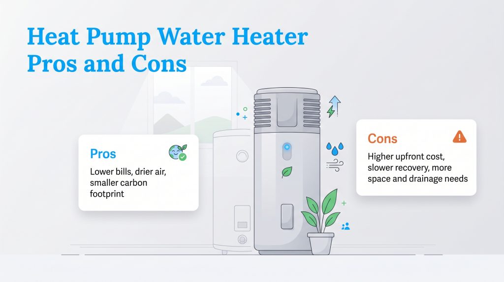 An infographic summarizing the benefits and drawbacks of installing a heat pump water heater.