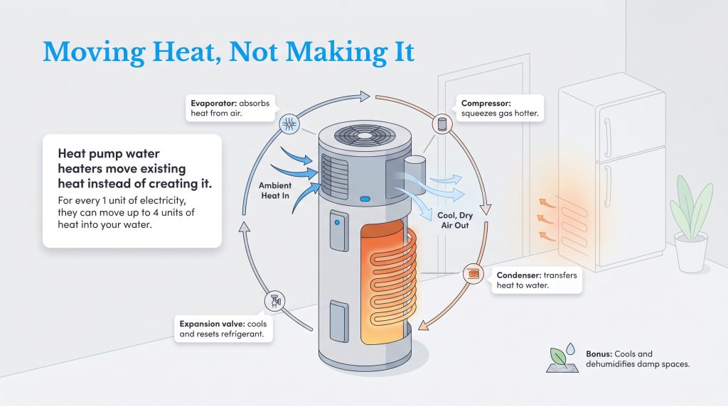 Illustration of a heat pump water heater's refrigeration cycle moving ambient heat into the tank.