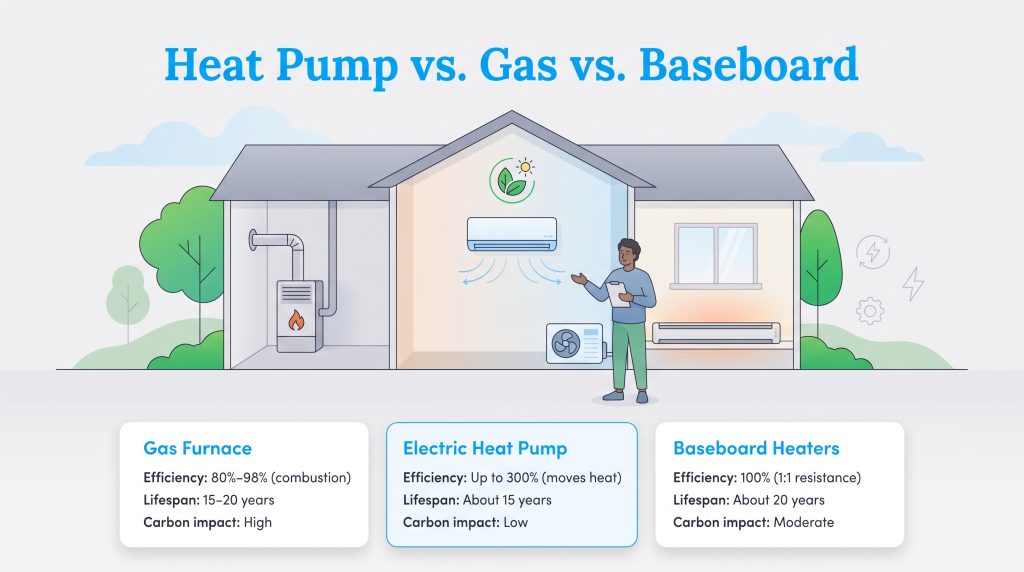 Infographic comparing heat pumps, gas furnaces, and baseboard heaters on efficiency, lifespan, and carbon impact.