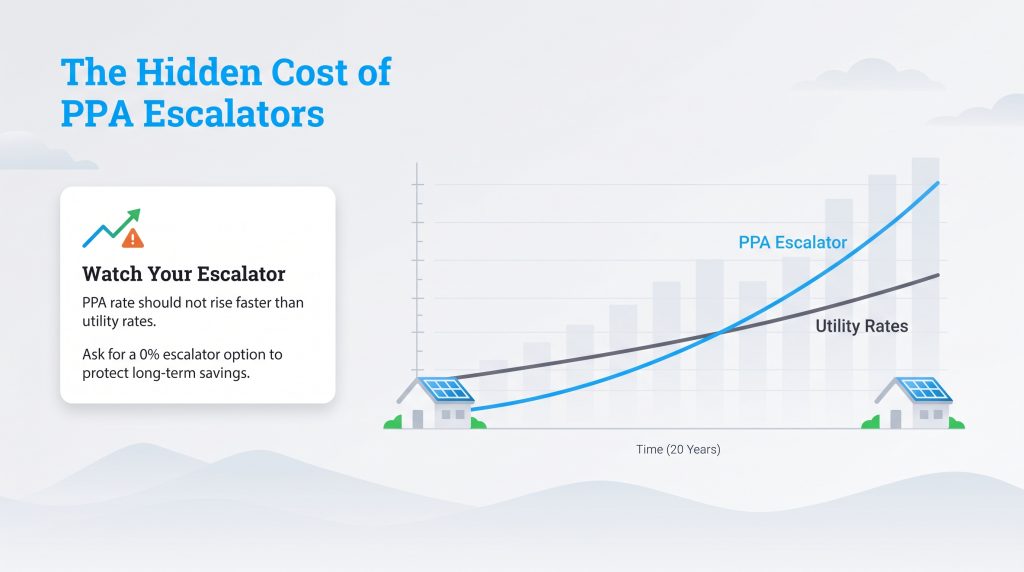 Graph comparing PPA escalator and utility rates over 20 years, with a warning to choose a 0% escalator.
