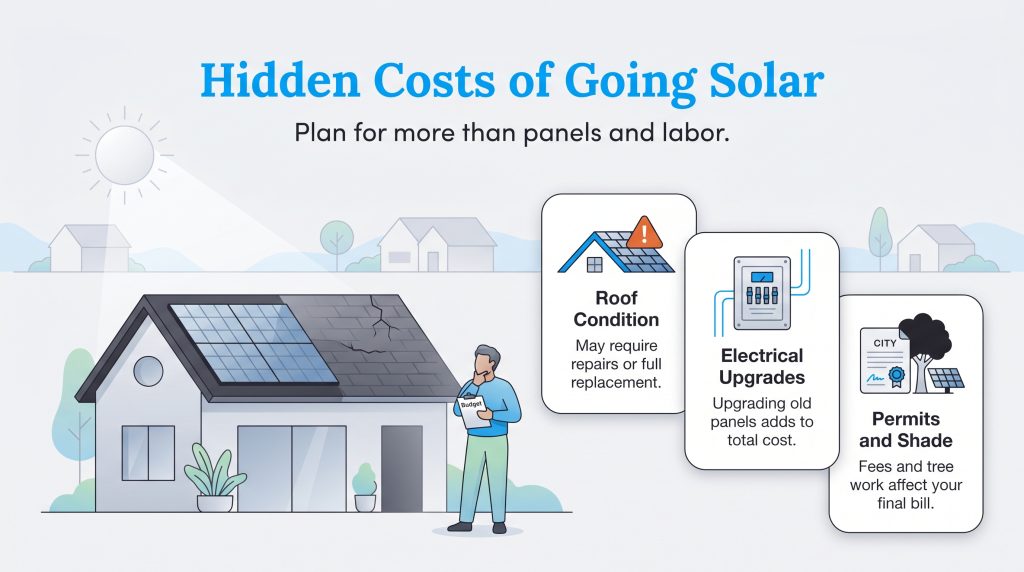 Infographic detailing hidden costs of solar installation: roof repairs, electrical upgrades, and permits.