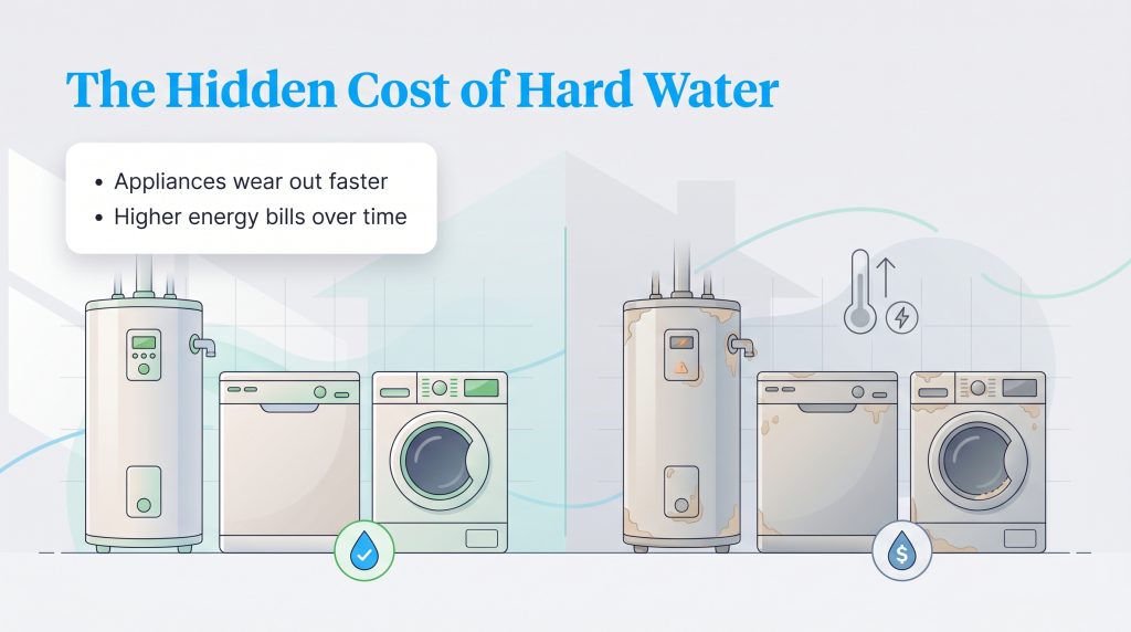 Infographic showing hard water causes appliances to rust, wear out faster, and increase energy bills.