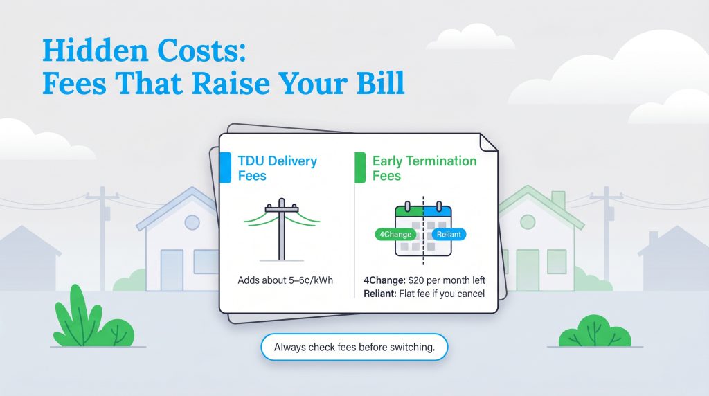 Infographic: TDU fees add 5-6¢/kWh; 4Change charges prorated ETF while Reliant charges a flat fee.
