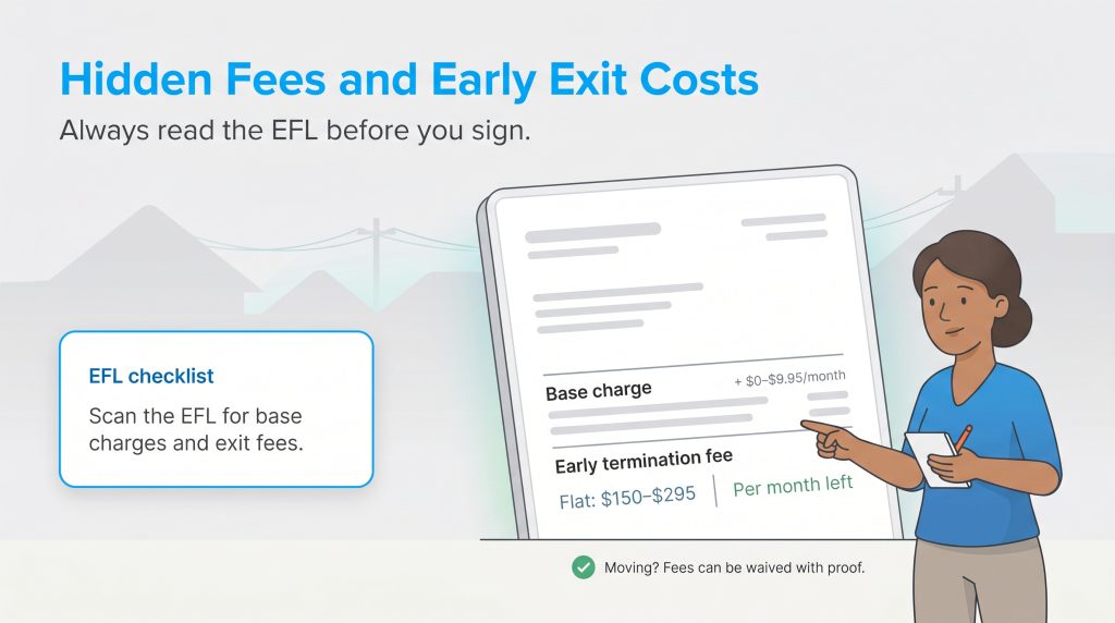 Illustration showing to check the Electricity Facts Label for base charges and exit fees.
