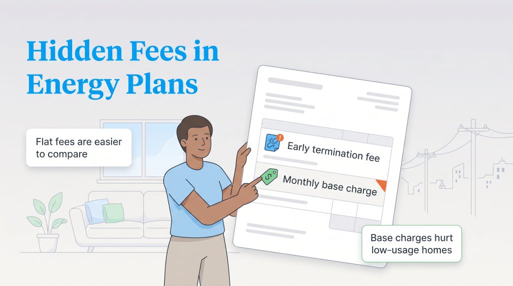 A man points to early termination and monthly base charges on an energy plan document, with tips.
