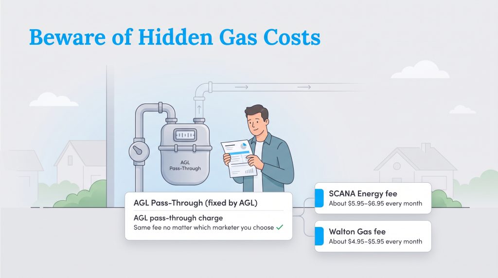 Diagram showing fixed AGL gas fees versus variable monthly service fees from SCANA and Walton Gas.
