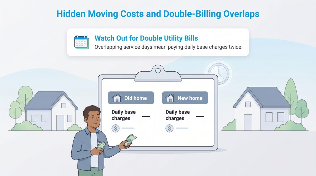 Illustration of a man facing double daily base charges for utilities at both his old and new homes.