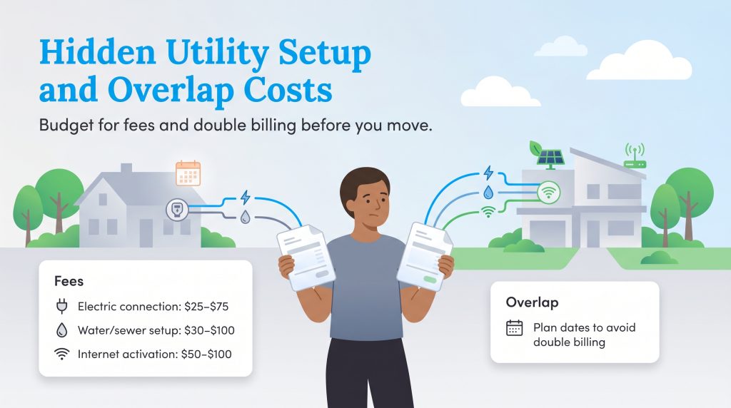 Infographic showing a person holding two bills, with boxes for utility setup fees and overlap advice.