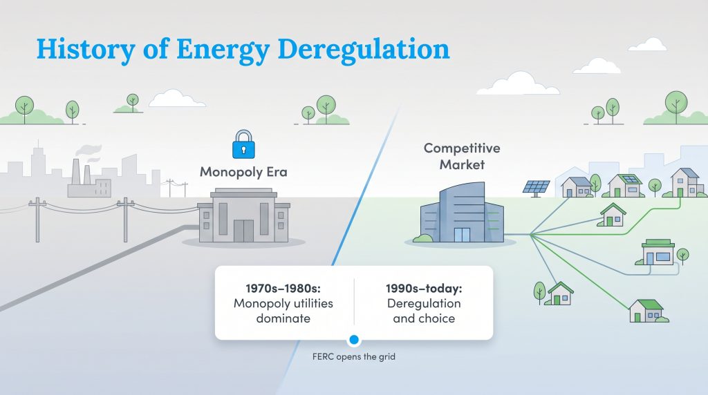 Visual timeline showing the shift from monopoly utilities to a deregulated competitive energy market.