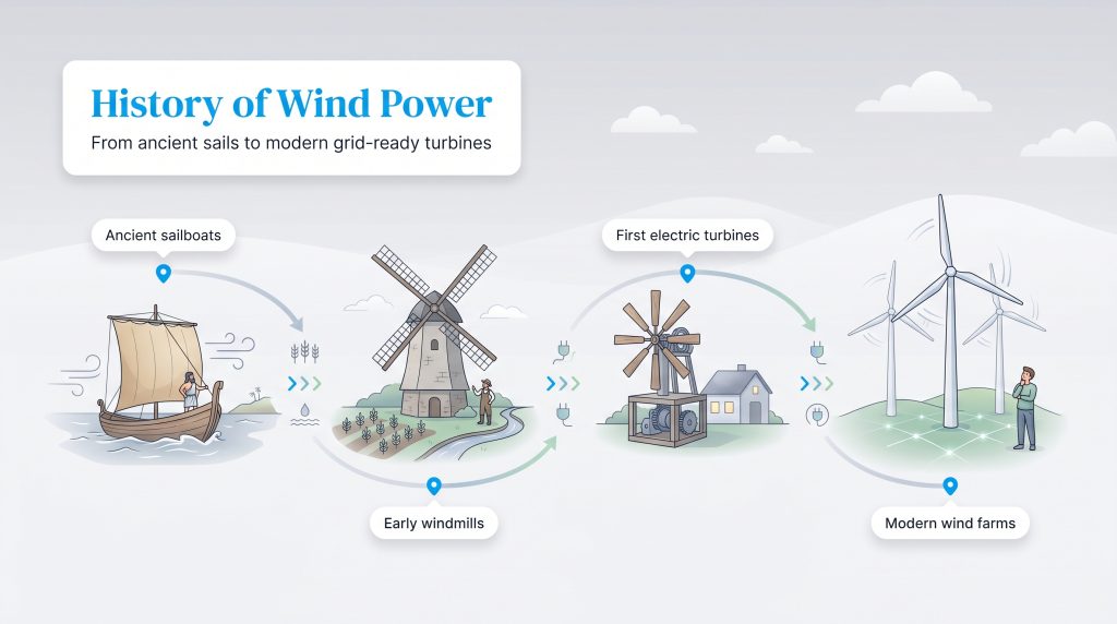 Infographic illustrating the history of wind power, from ancient sailboats to modern wind farms.