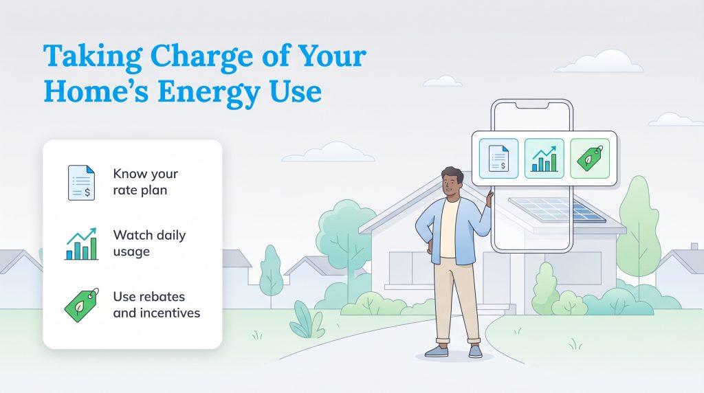 A man near a smart home uses an app next to three tips for managing home energy use and costs.