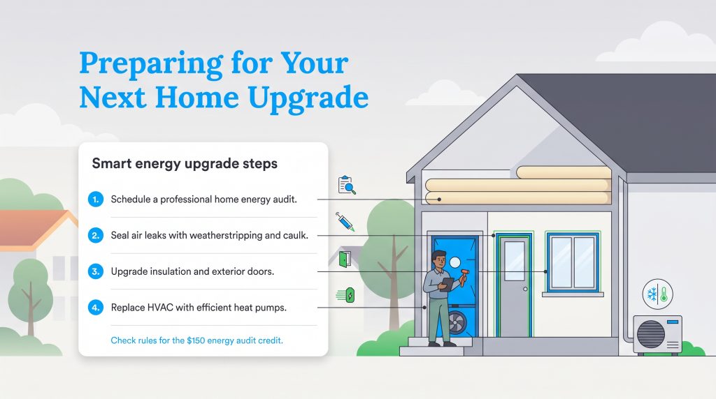 Illustration of a home with a checklist showing four steps for a smart energy upgrade.