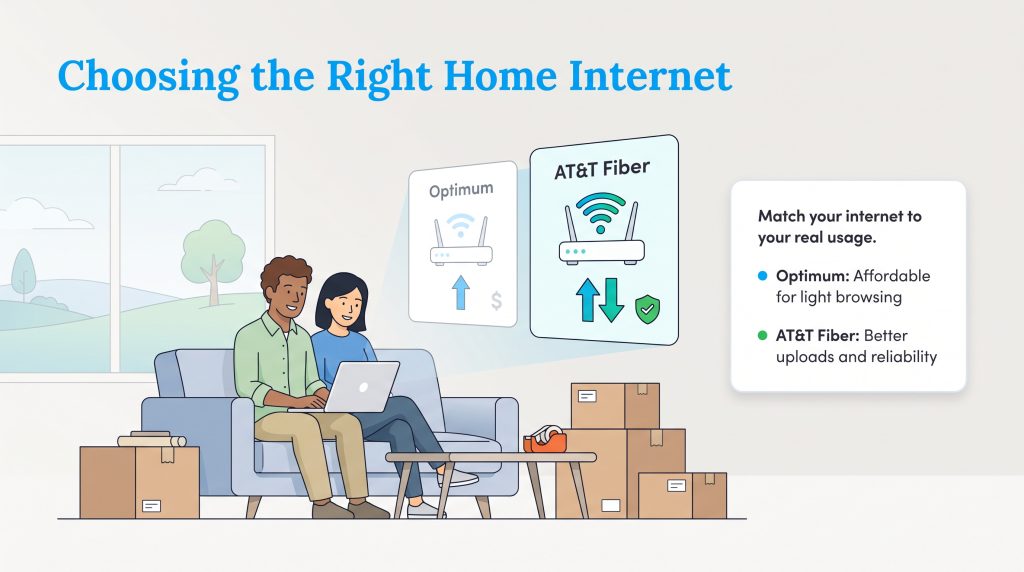 A couple in a new home uses a laptop to compare Optimum and AT&T Fiber internet options.