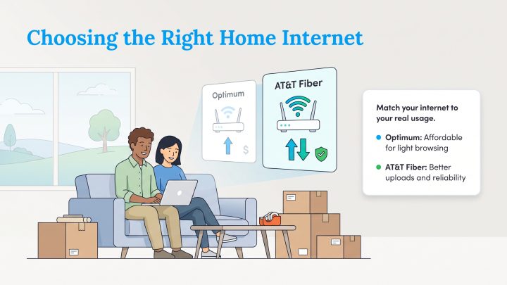 A couple in a new home uses a laptop to compare Optimum and AT&T Fiber internet options.