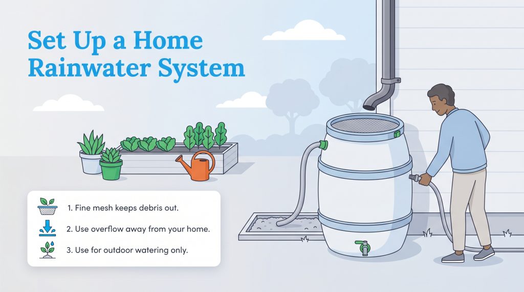 A person connects a hose to a rain barrel for a home rainwater harvesting system, with instructions on a panel.