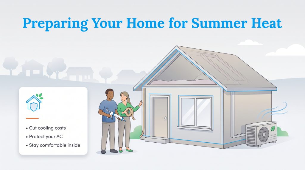Two people sealing a house with a caulk gun and tape, with text on the benefits of summer preparation.