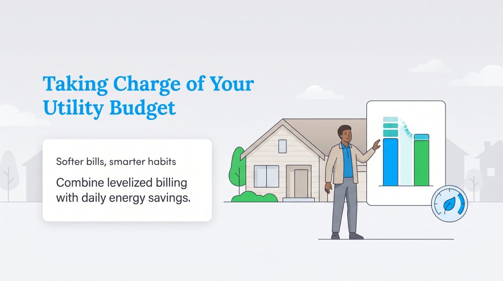 Man pointing to a chart showing lower utility bills through levelized billing and energy-saving habits.