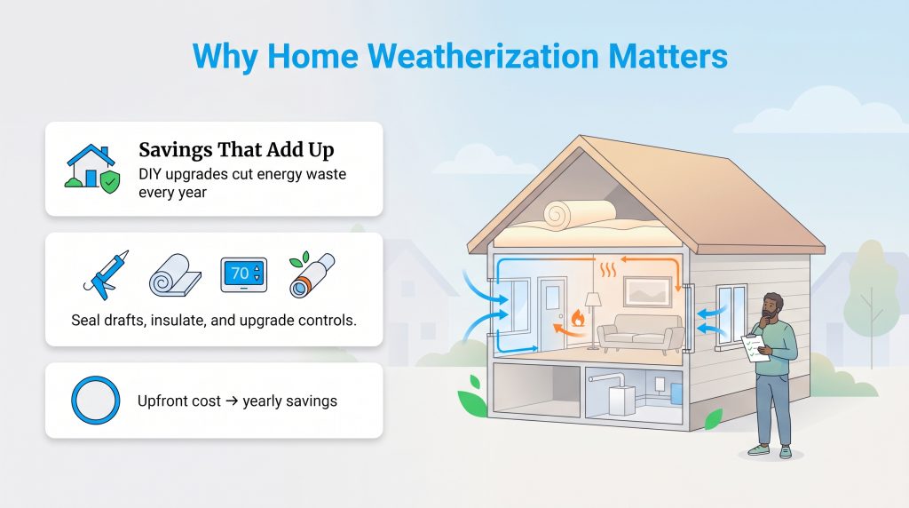 Infographic showing how DIY home weatherization upgrades cut energy waste and lead to yearly savings.