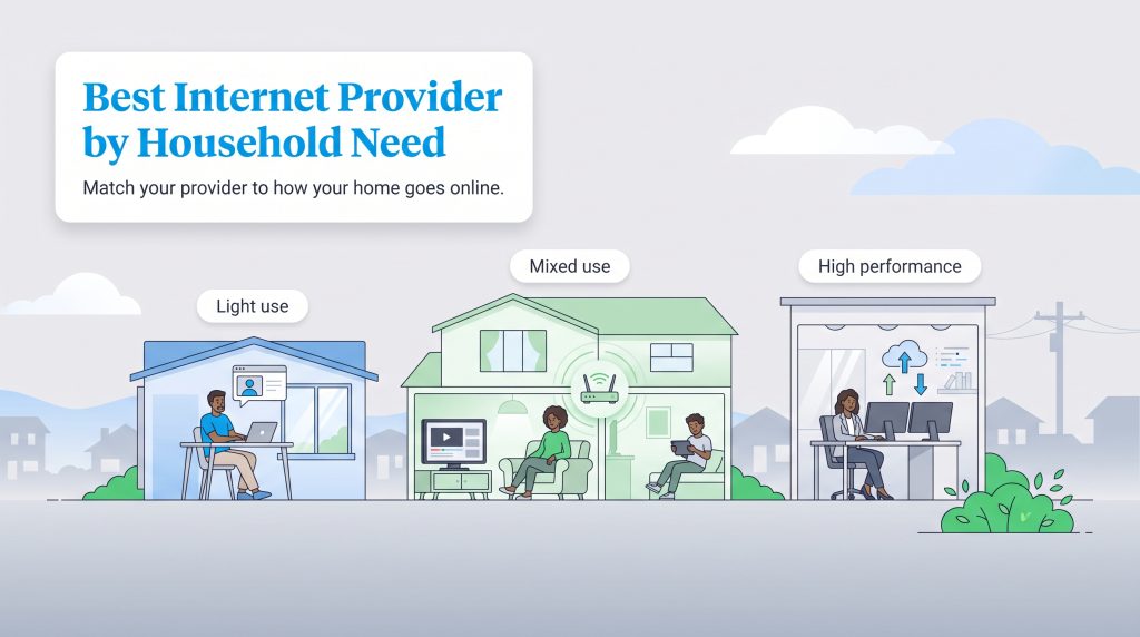 Three homes illustrating internet usage levels: Light use, Mixed use, and High performance.