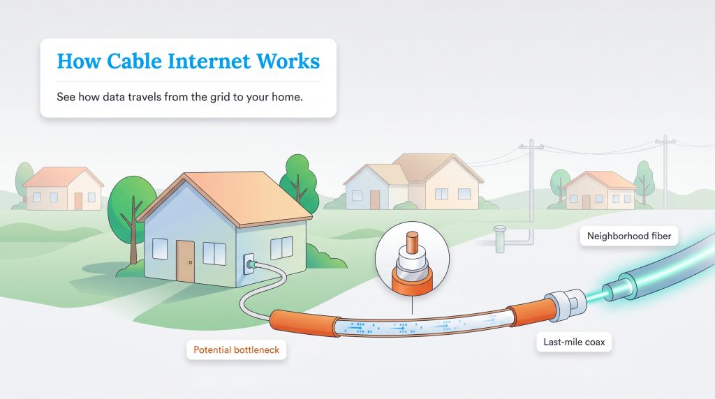 Diagram illustrating cable internet data flow from neighborhood fiber to last-mile coax and into a home.