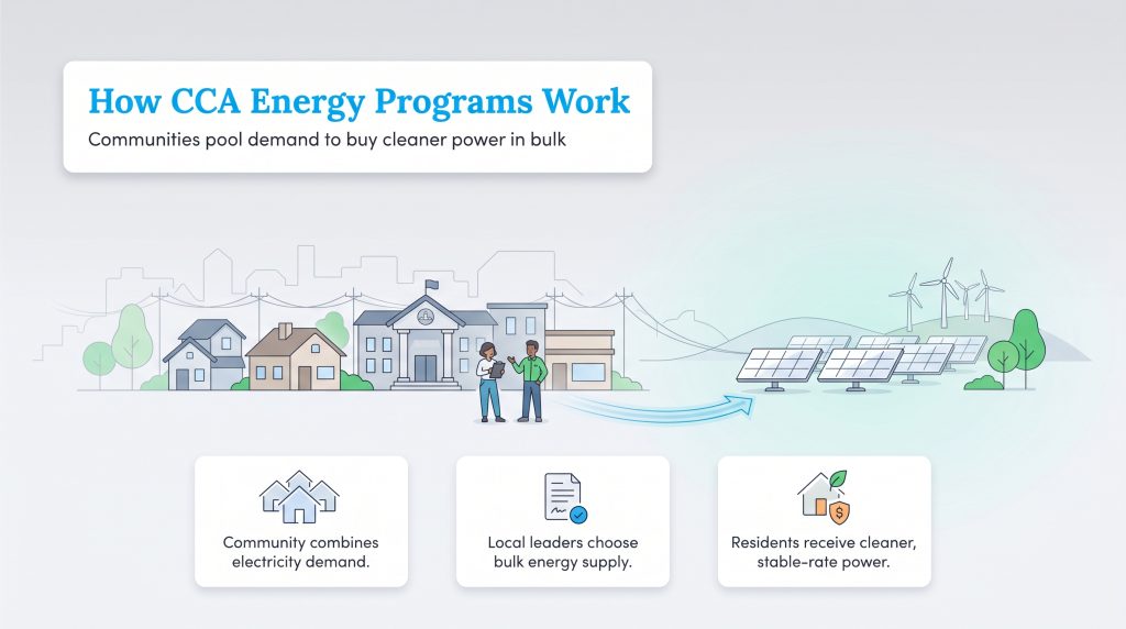 Infographic showing how communities combine demand for local leaders to buy bulk, cleaner energy.