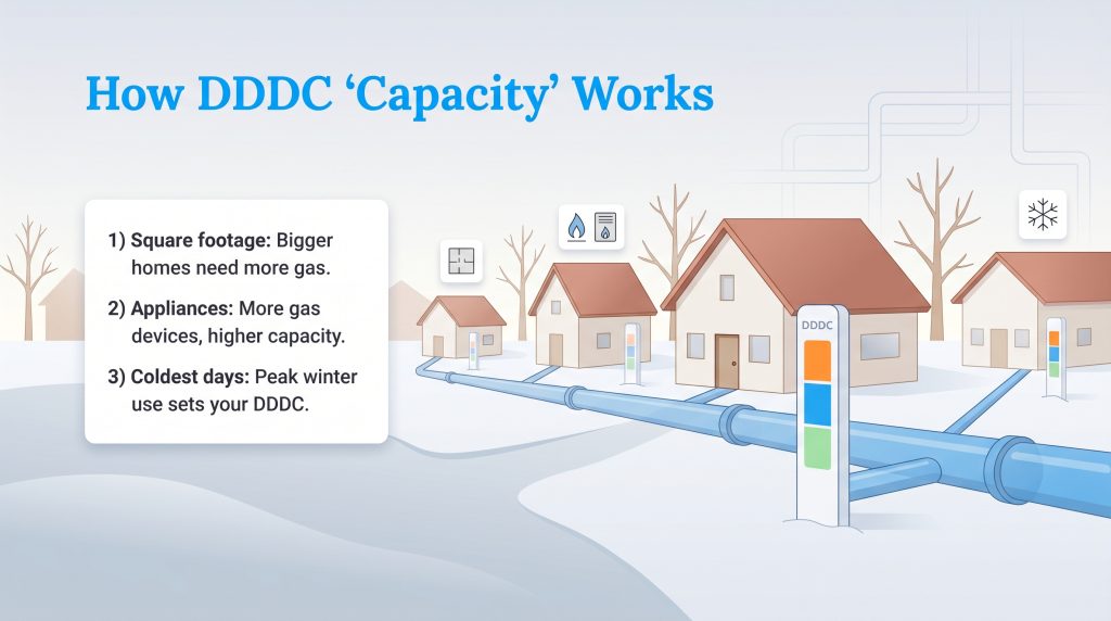 Infographic showing how DDDC capacity is calculated based on home size, appliances, and peak winter usage.