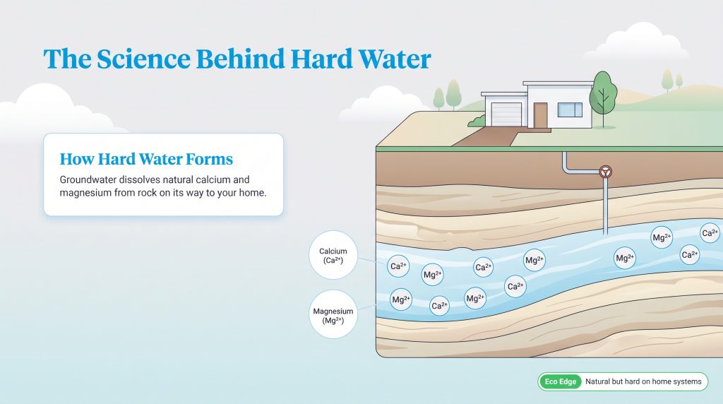 Illustration showing groundwater dissolving calcium and magnesium from rock on its way to a house well.