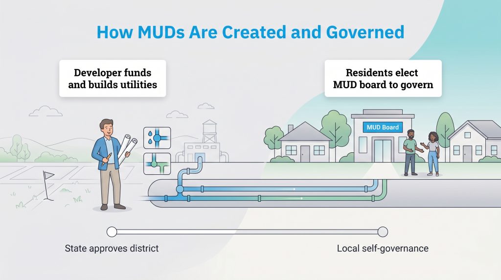 Infographic: Developer builds utilities, then residents elect a MUD board for local governance.